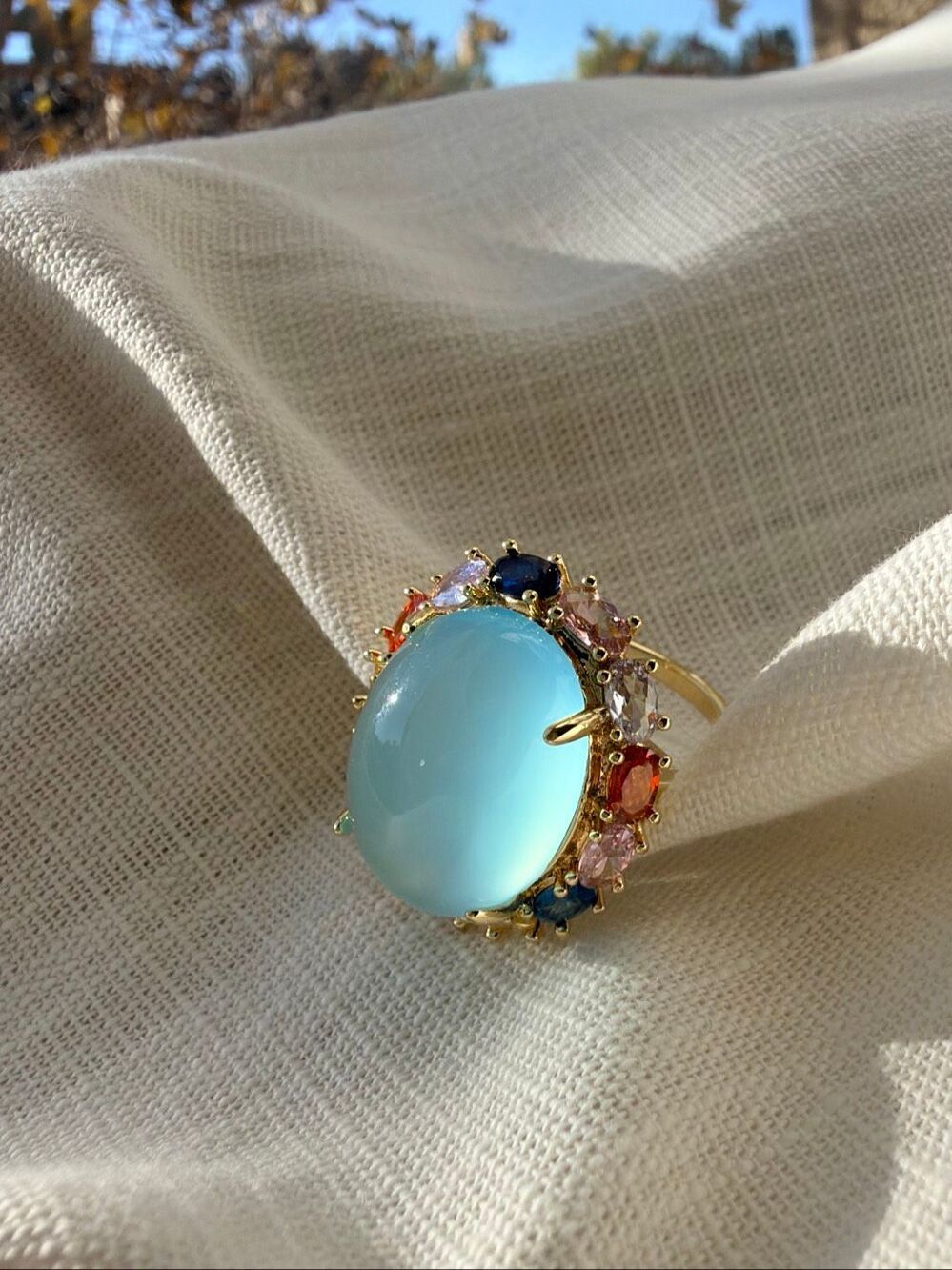 Aqua Blue Cubic Zirconia Multicolor Halo Gold Tone Statement Ring